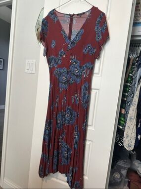 Madewell Burgundy Midi Dress with Blue Floral Print